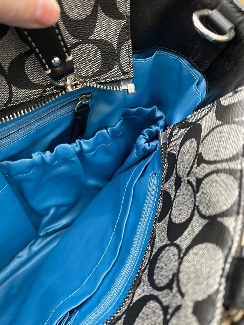 Coach Signature Stripe Tote Black and Light Gray Denim Canvas Look Work or Baby